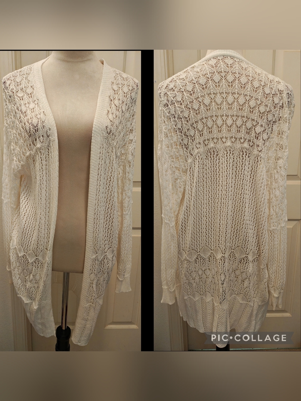 Vintage Crochet Hollow Out Open Front Duster Cardigan.